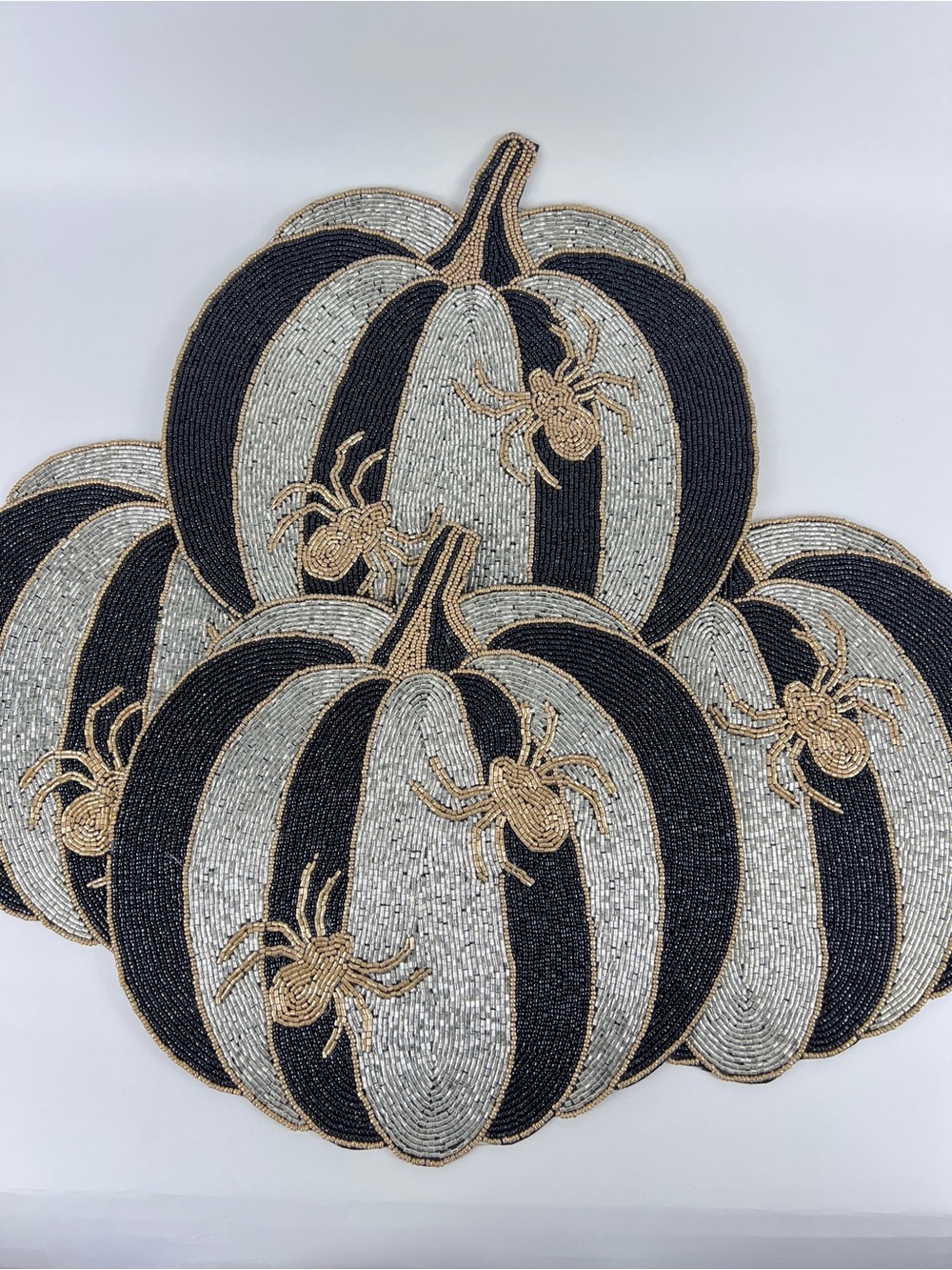 Christian Siriano Beaded Black, Silver & Gold Pumpkin Spider Placemats 4 Pc NEW